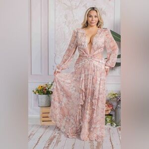 LONG SLEEVE V-NECK OPEN BACK MULTI PRINT MAXI DRESS